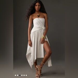 Anthropologie White Pinstripe Strapless Asymmetrical Dress